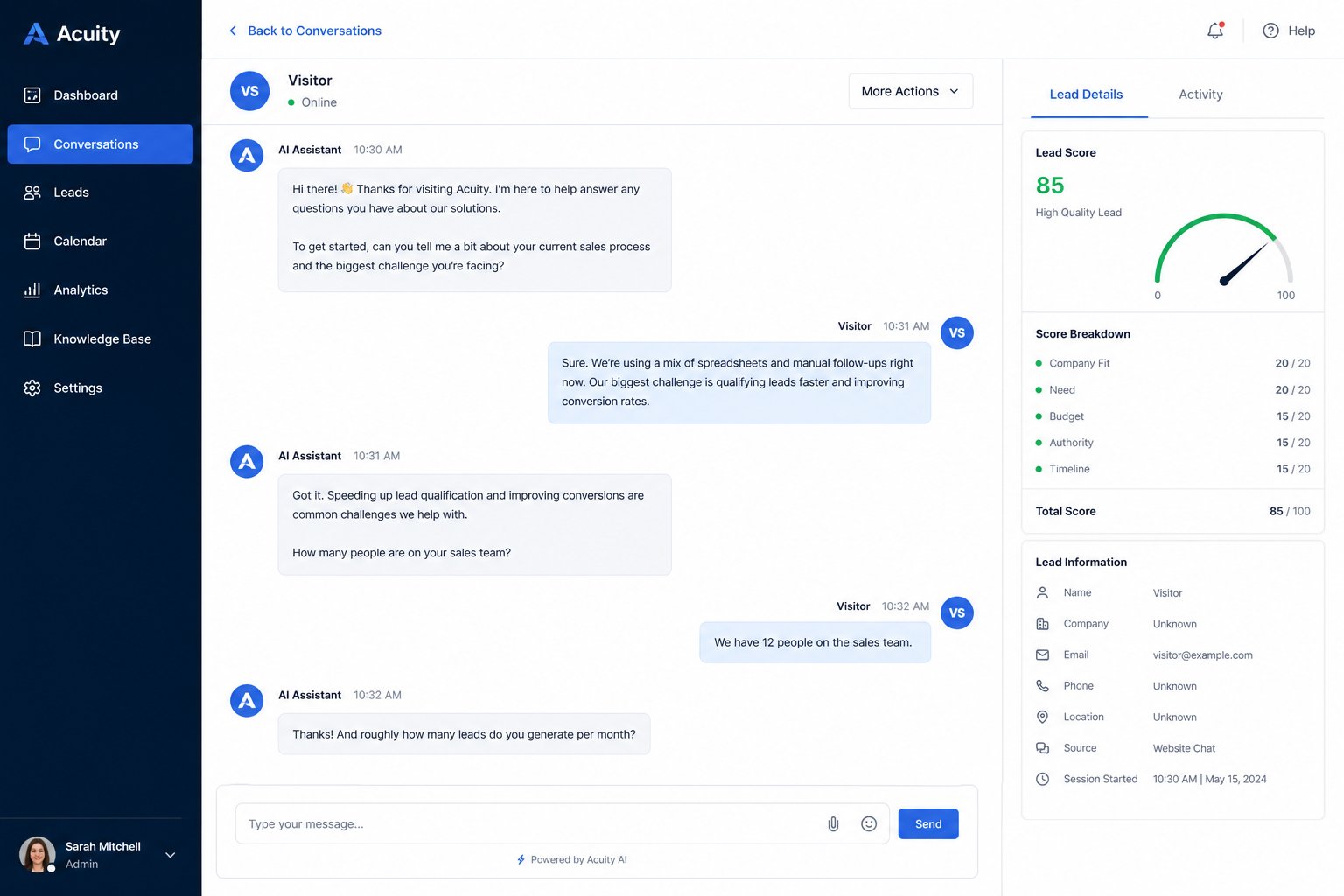AI chatbot interface qualifying leads through natural language conversation