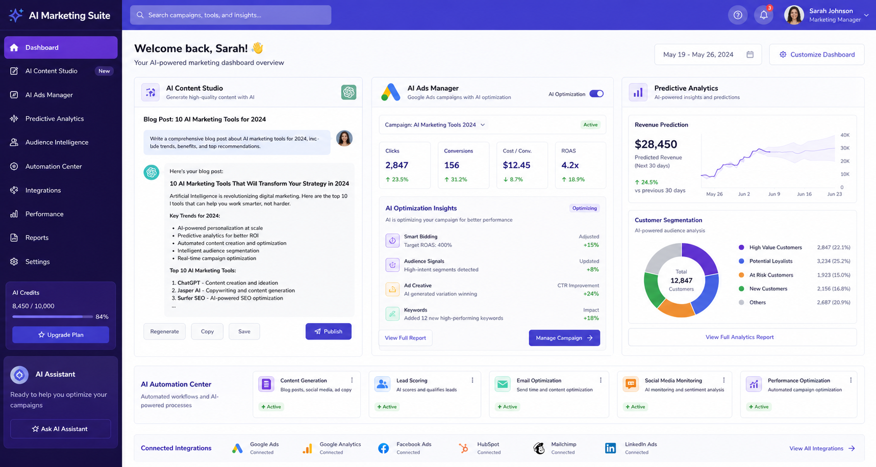 AI marketing tools dashboard showing multiple AI applications