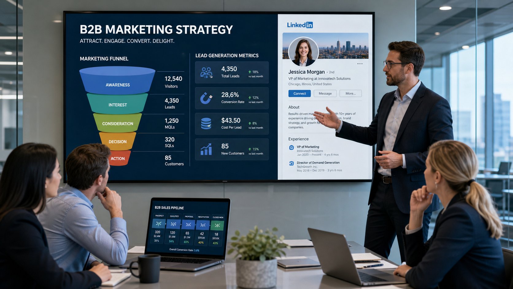 B2B marketing professionals reviewing lead generation funnel and sales pipeline