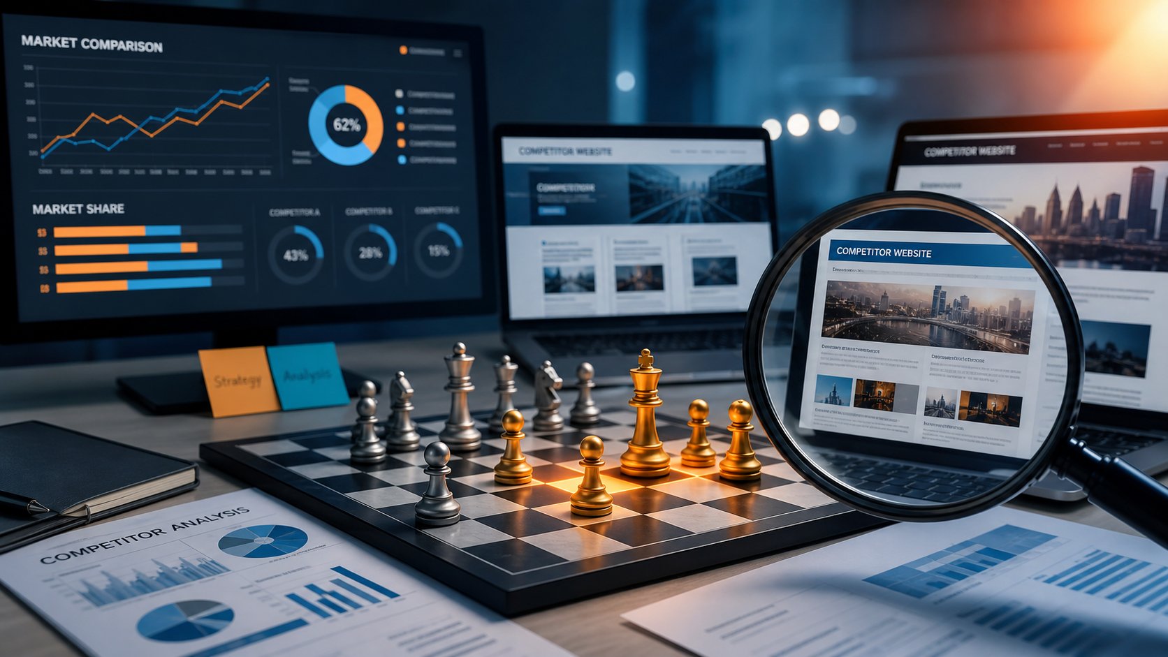 Business professional conducting competitive analysis with data dashboards and market research