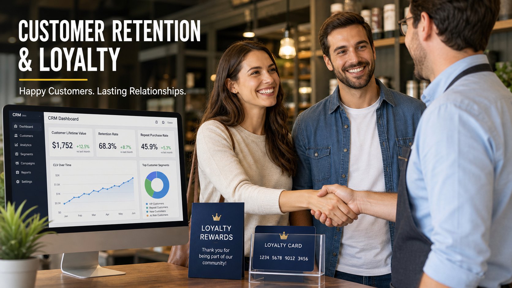 Happy customers and business owner building long-term relationships and loyalty