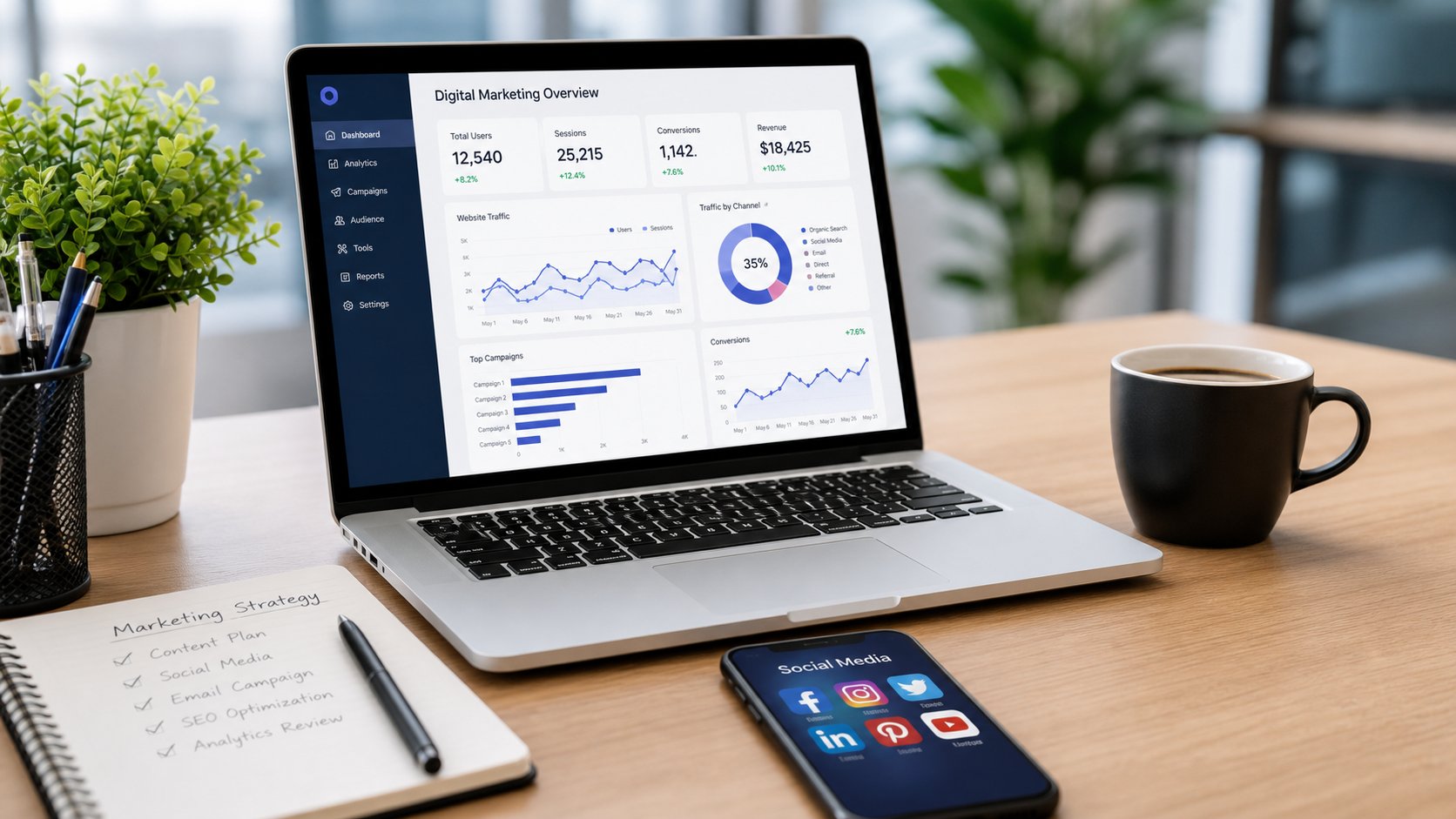Modern digital marketing workspace with analytics and multi-channel strategy
