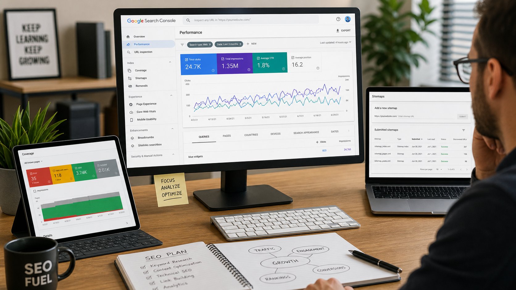 SEO specialist analyzing Google Search Console performance metrics and data