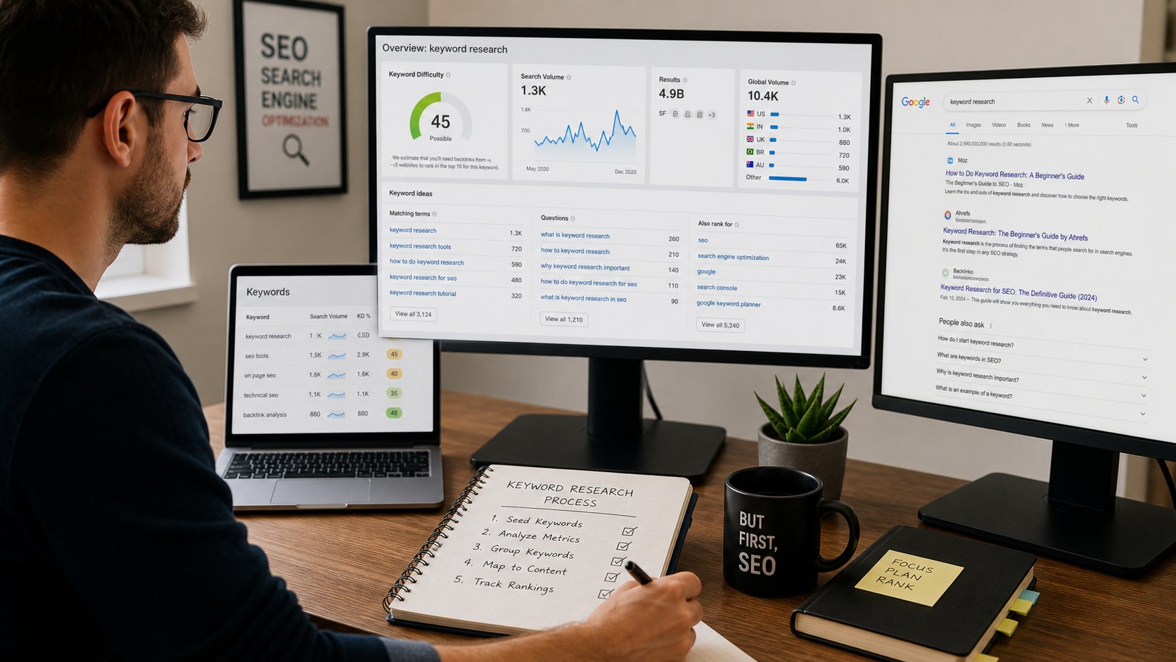 SEO specialist analyzing keyword data and search volume metrics on multiple screens