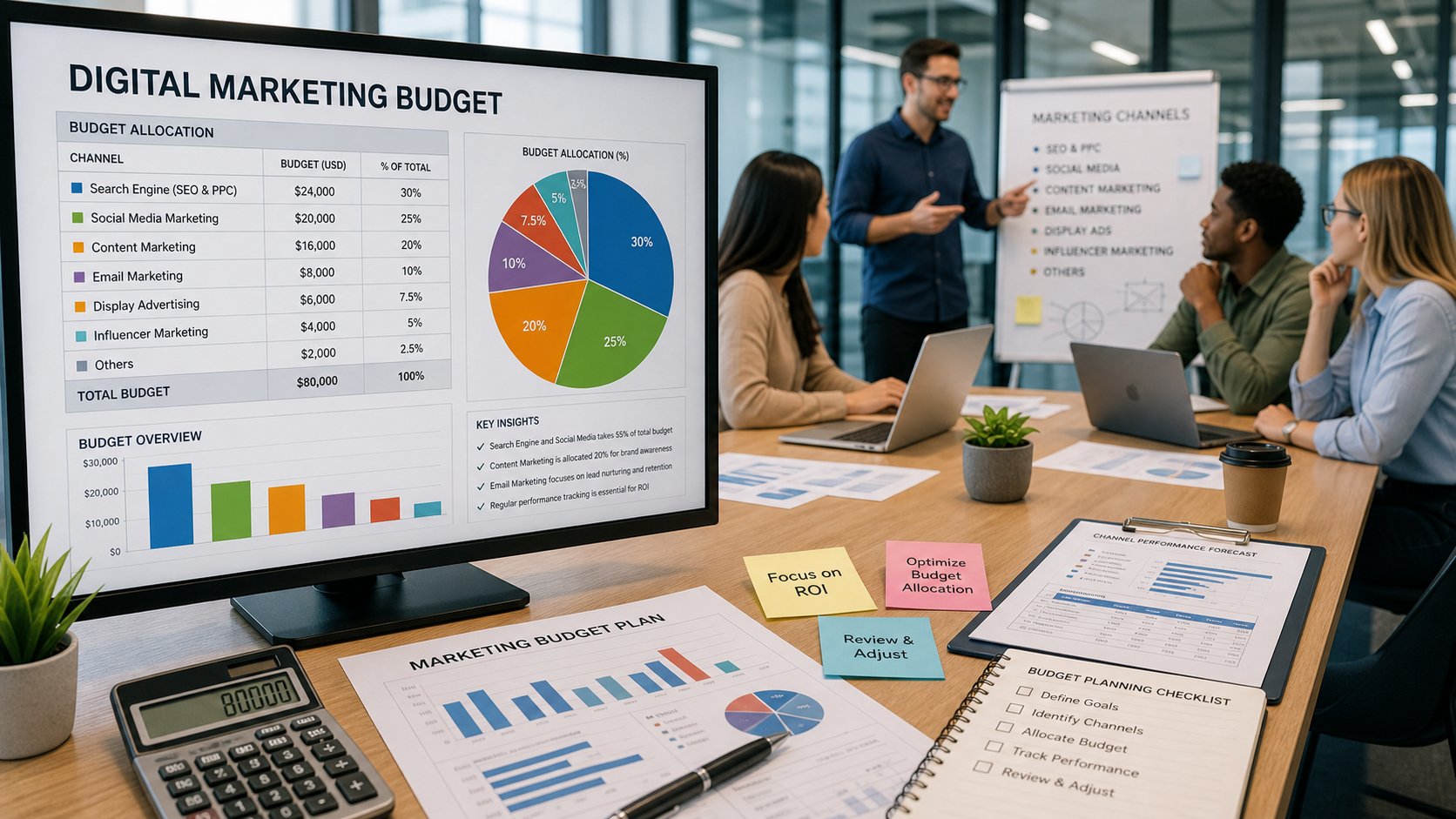 Marketing team planning budget allocation across digital marketing channels