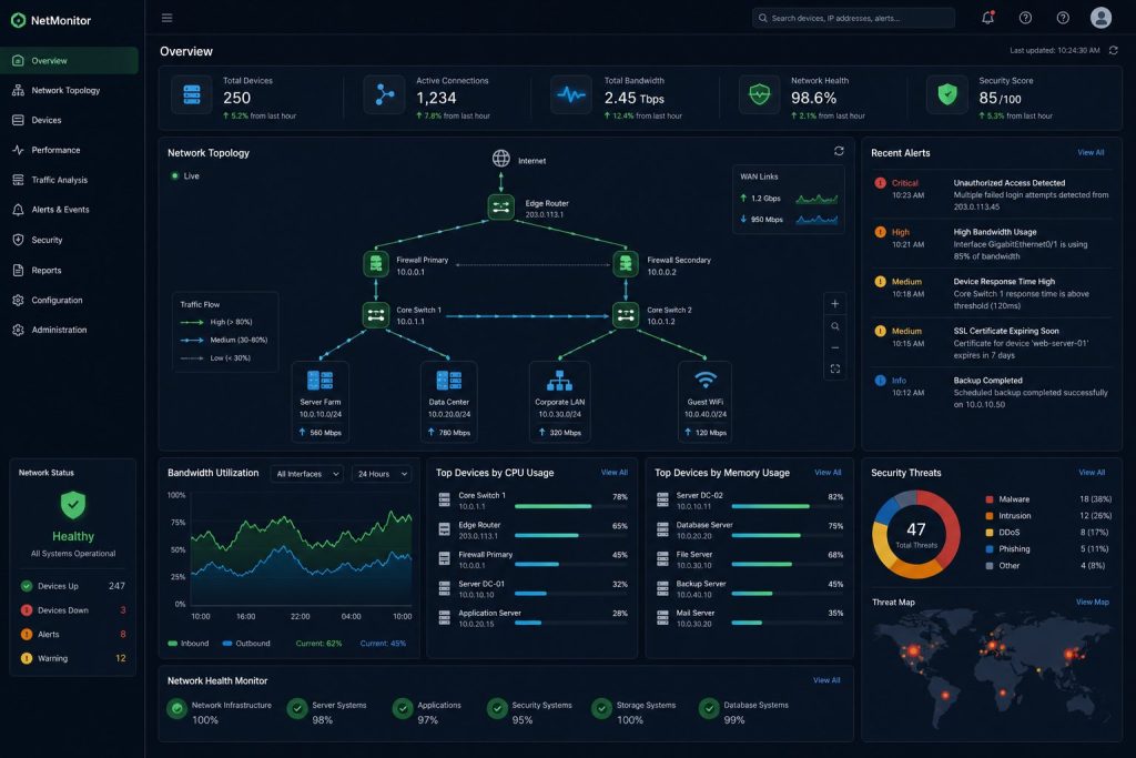 Enterprise network monitoring dashboard showing topology, traffic flow, and security alerts