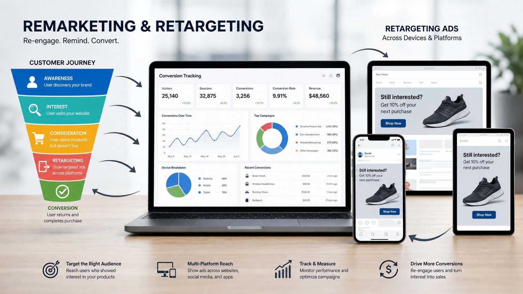 Digital marketing funnel showing remarketing and retargeting customer journey