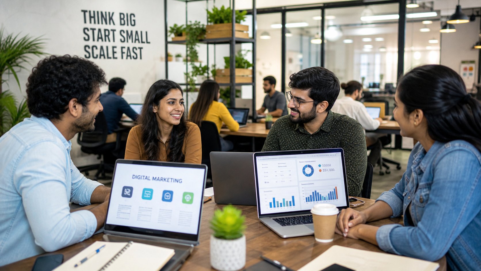 Startup entrepreneurs working on digital marketing strategies in modern coworking space