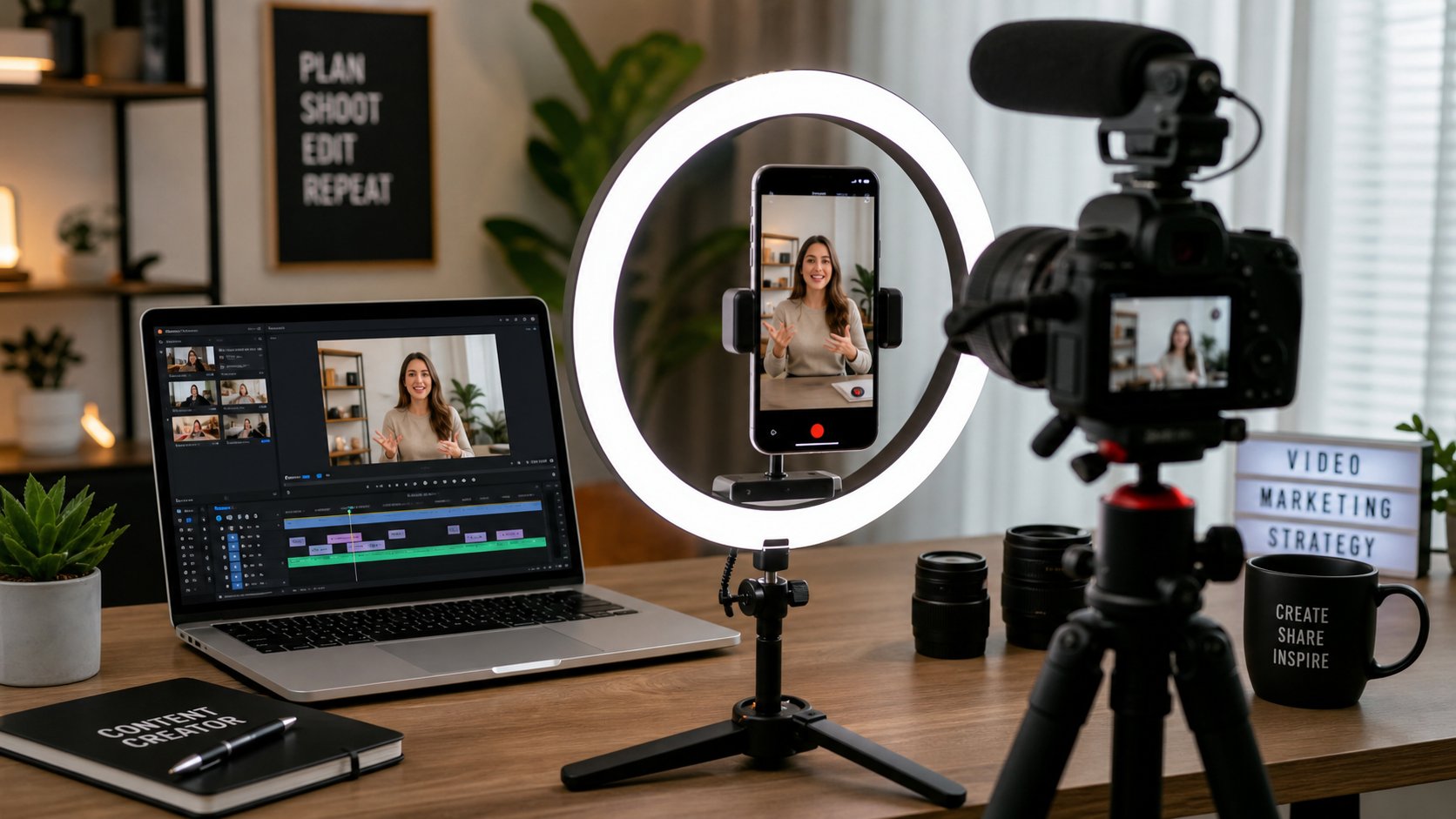 Professional video marketing setup with camera equipment and editing software