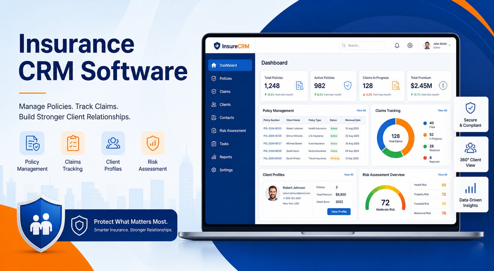 Custom insurance CRM dashboard showing policy management and claims tracking