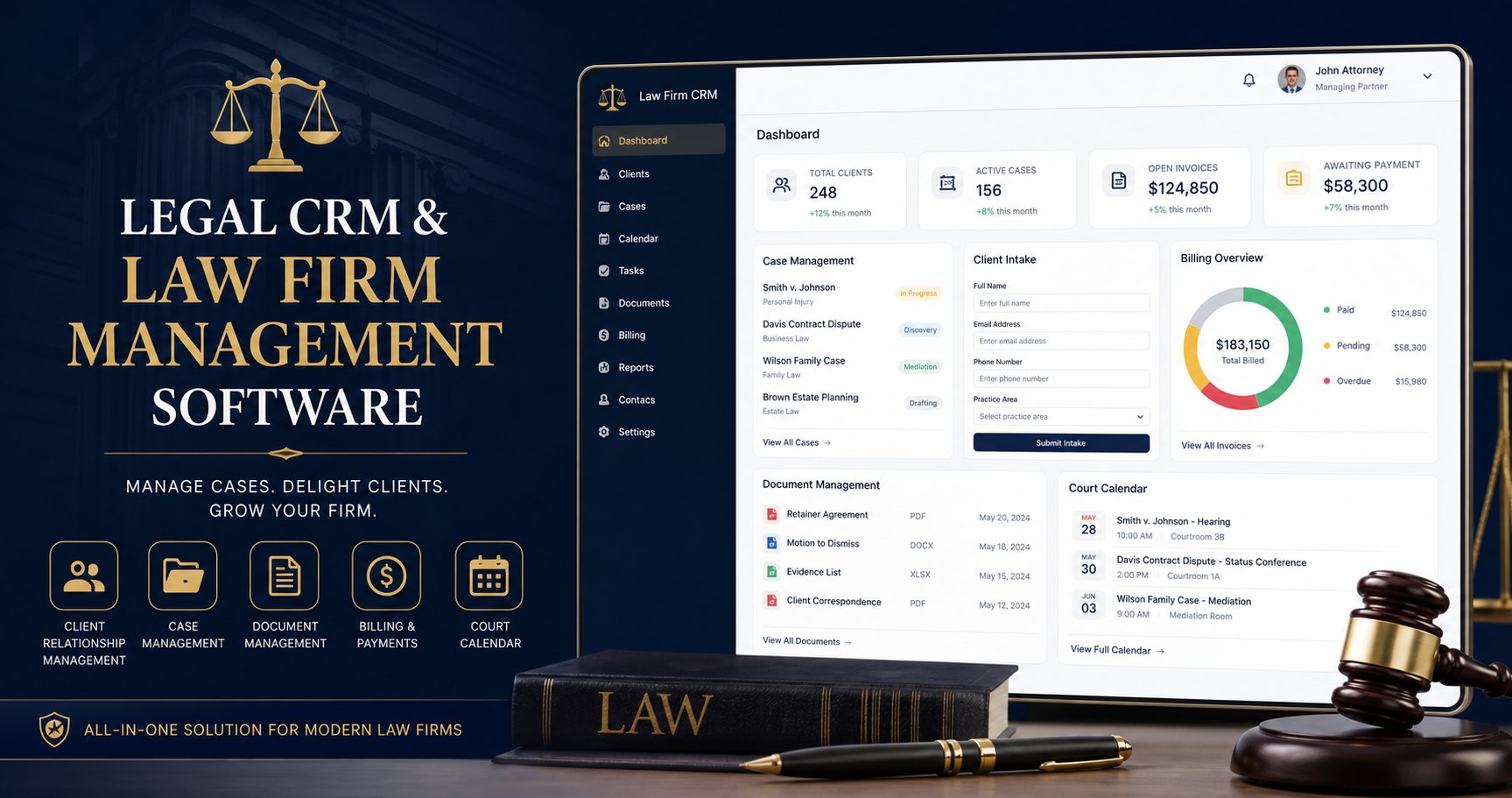 Custom legal CRM dashboard showing case management and client intake workflows