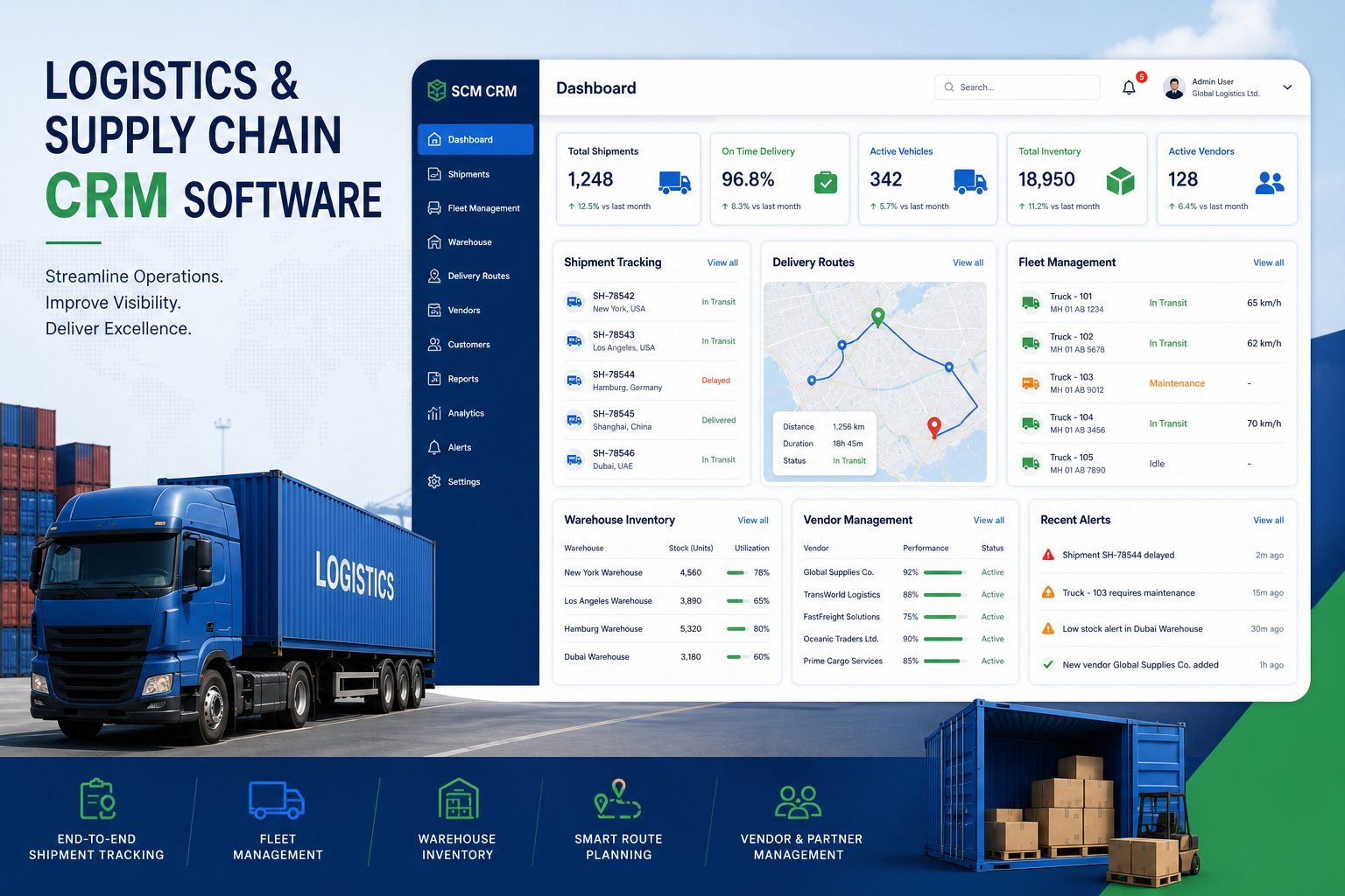 Custom logistics CRM dashboard showing shipment tracking and carrier management