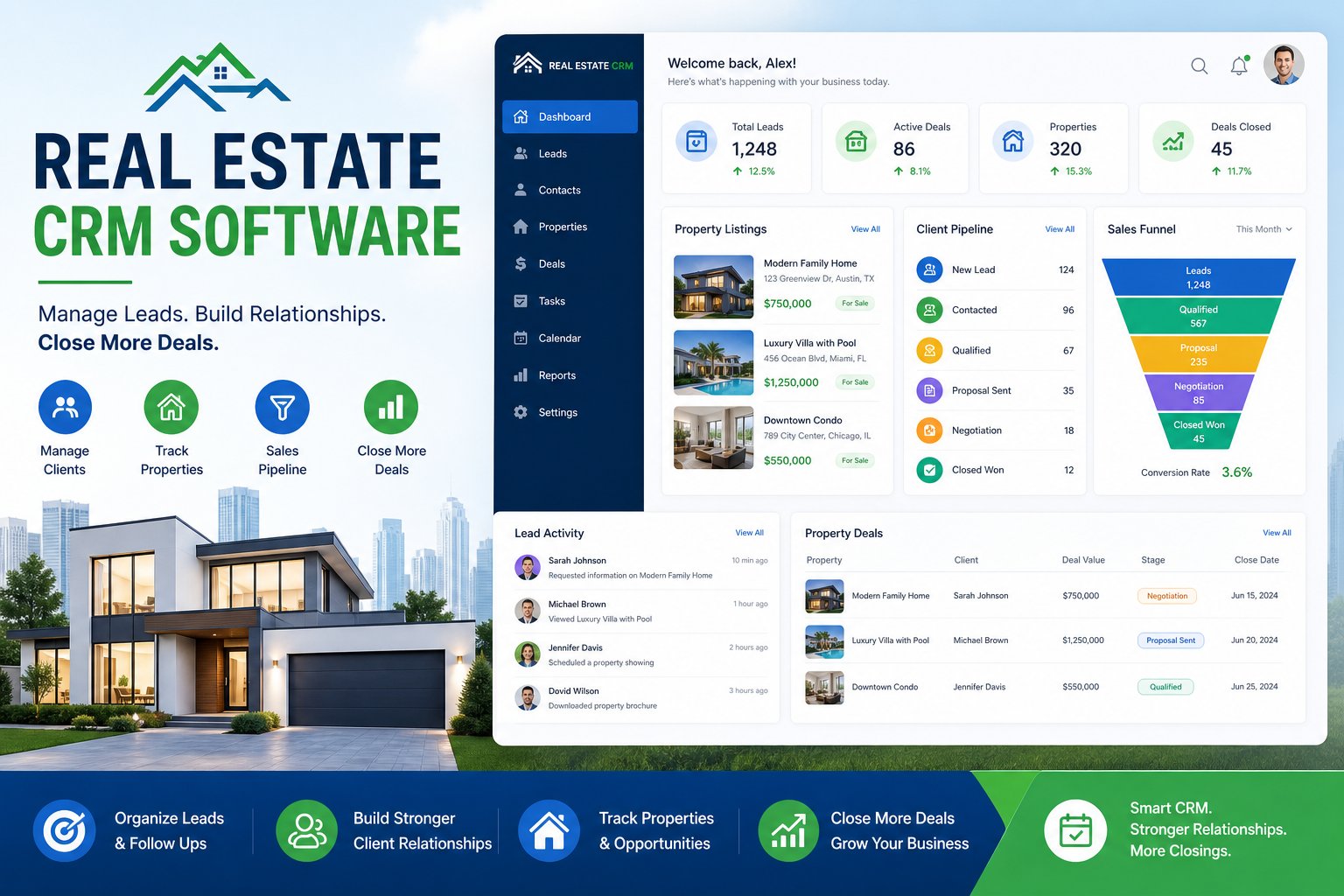 Custom real estate CRM dashboard showing property listings and client pipeline