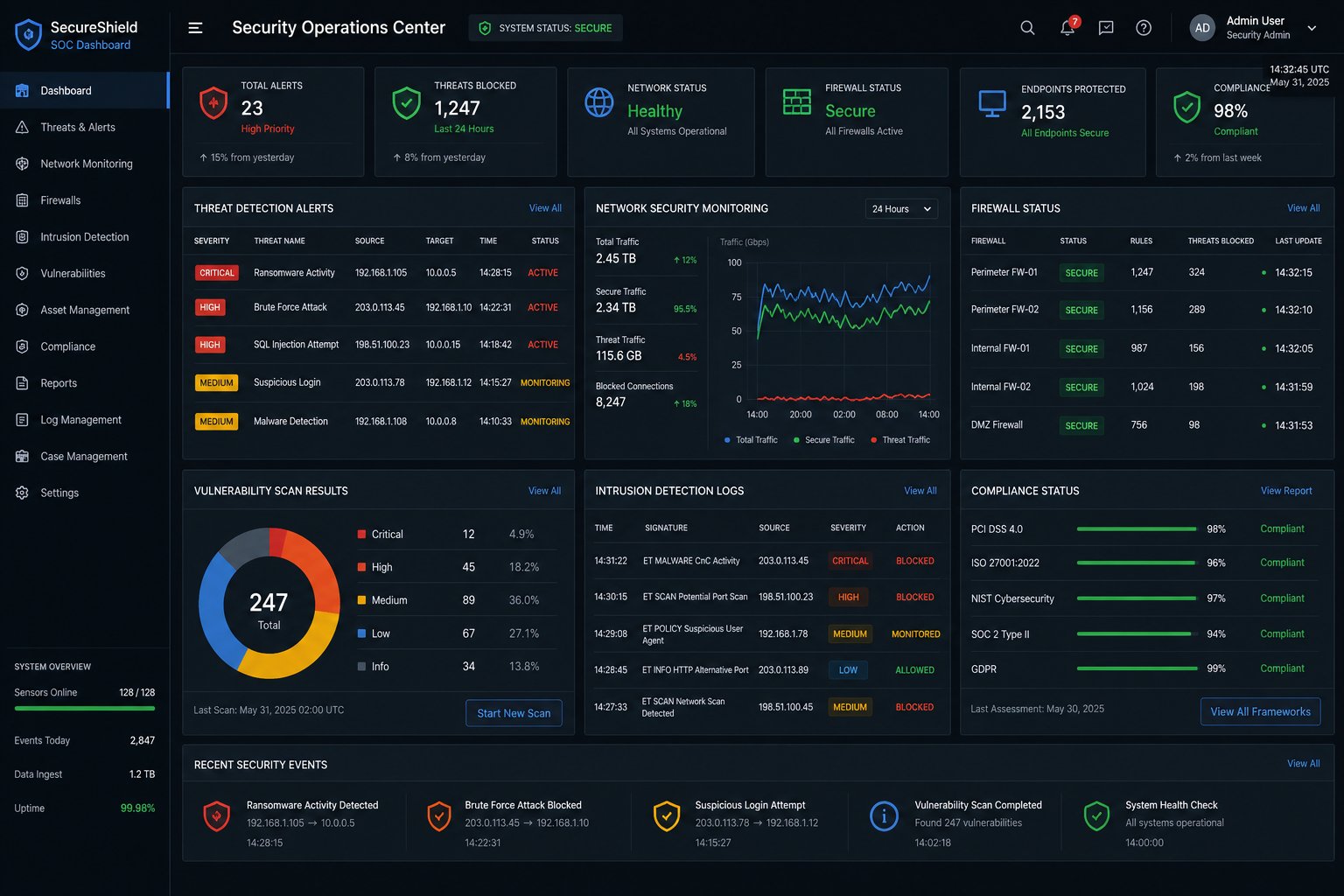 Cybersecurity operations center dashboard with threat detection and monitoring
