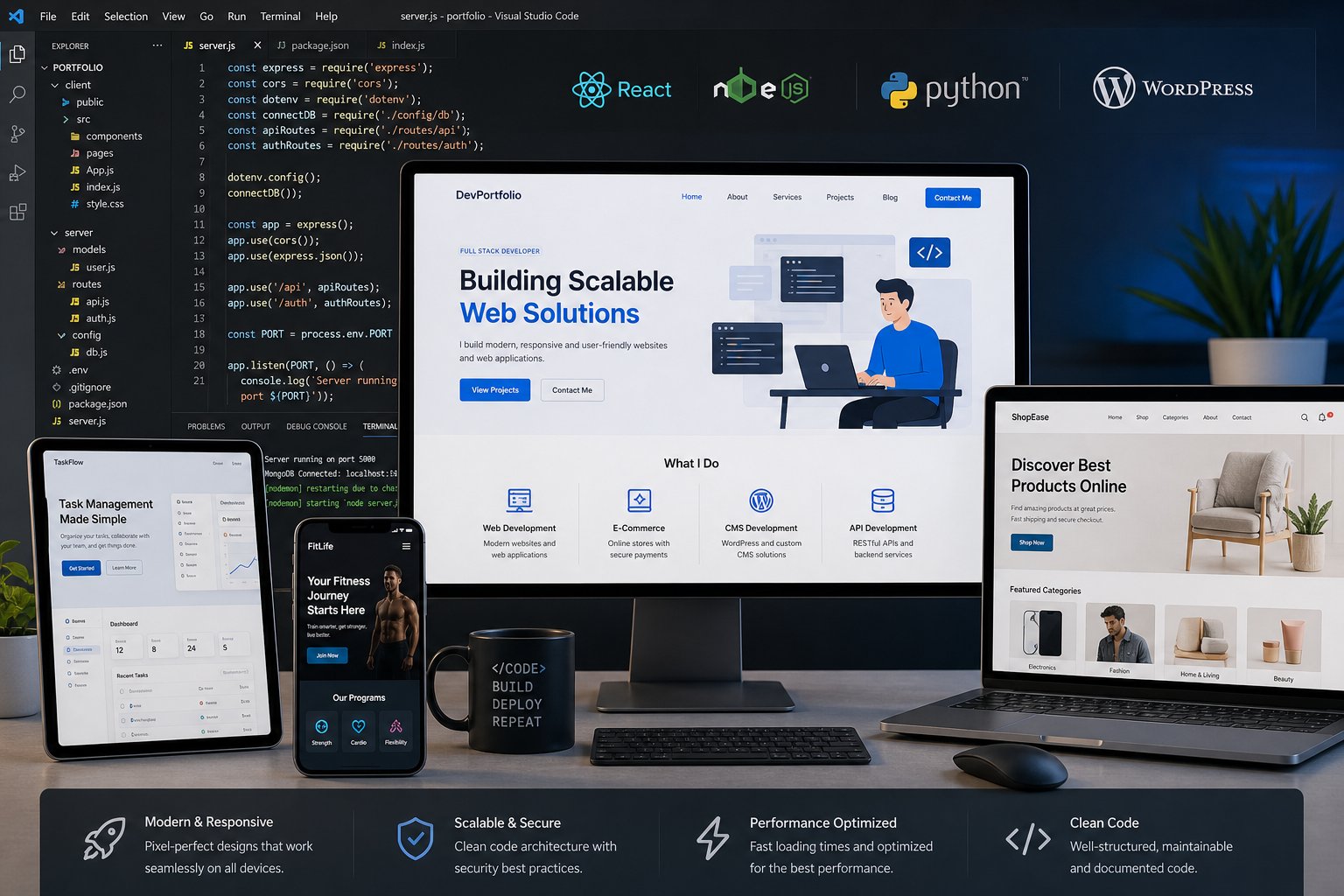 E-commerce website designs displayed across desktop and mobile devices