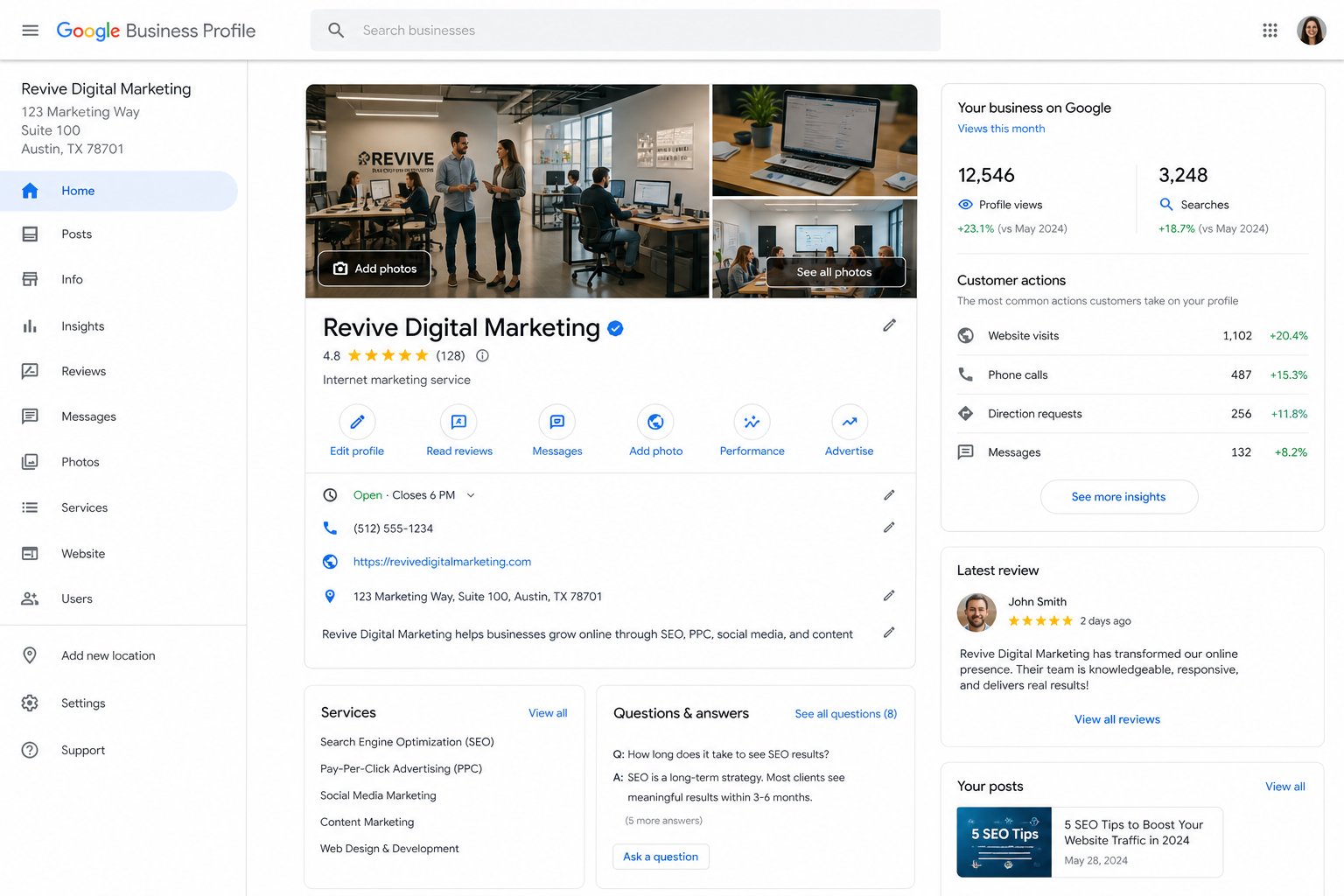 Fully optimized Google Business Profile with photos reviews and complete business information