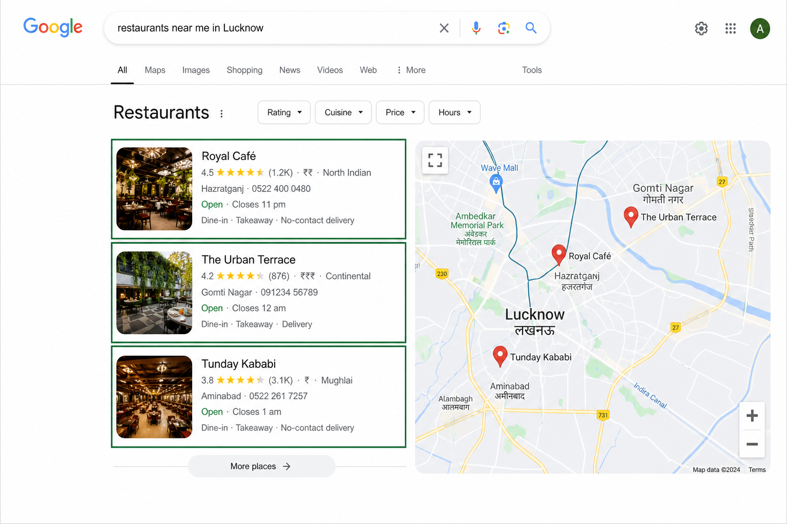 Google Local Map Pack showing top 3 business results in Lucknow