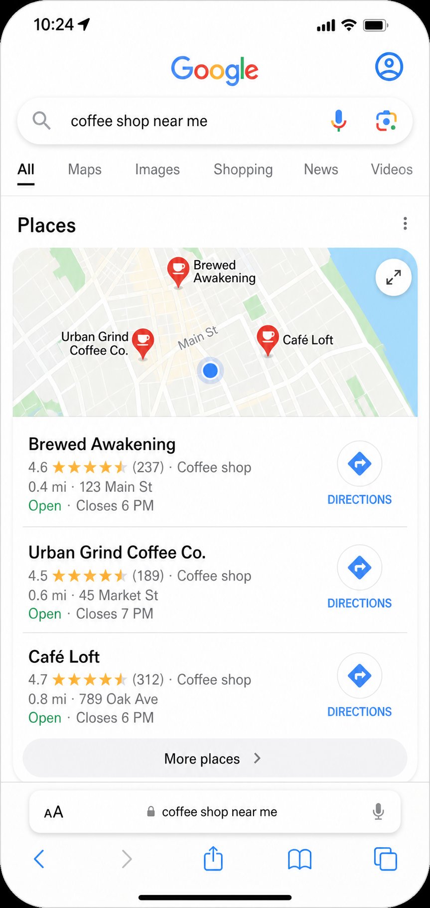 Google Maps local pack showing top ranked local businesses with ratings and reviews