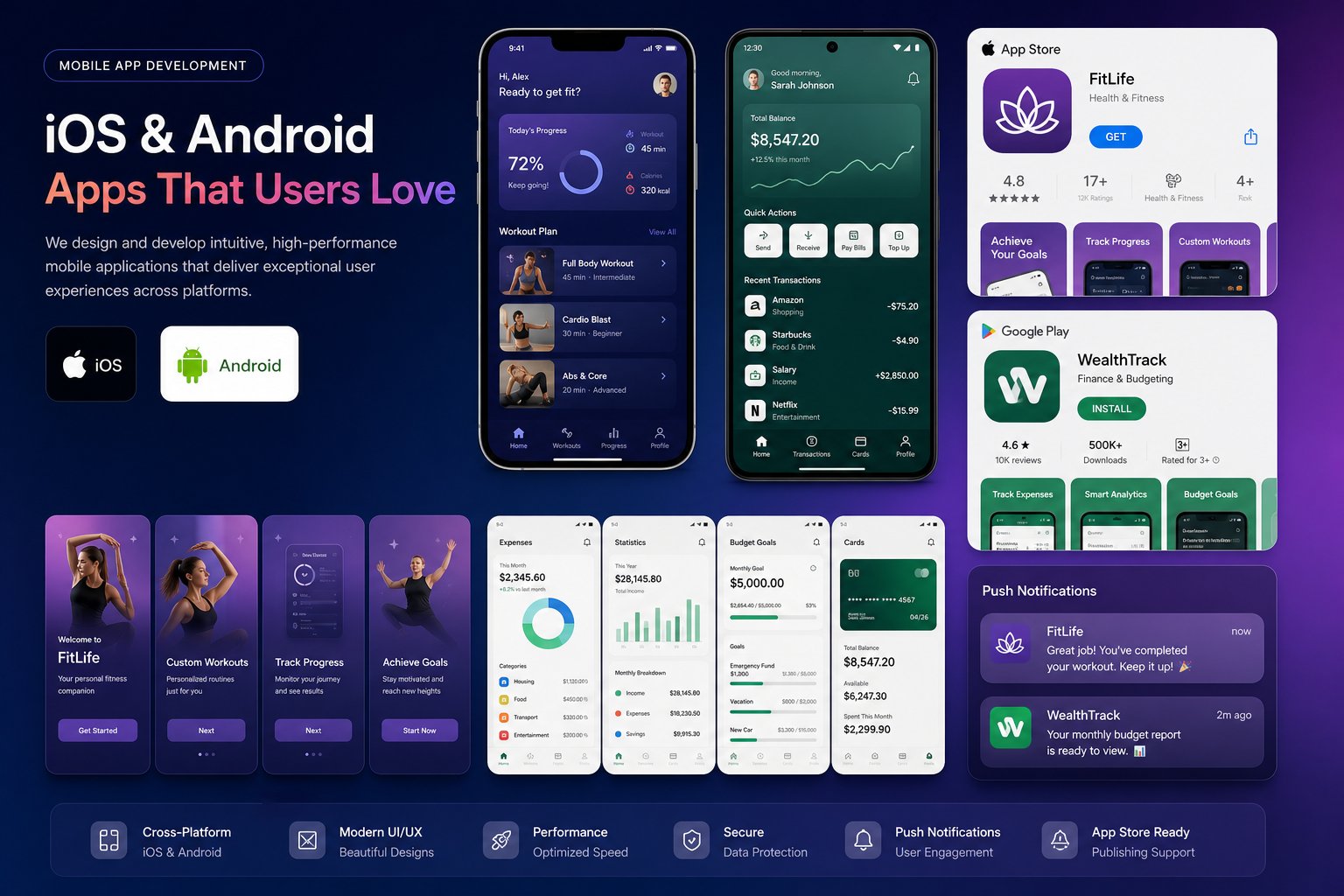 Mobile app development showcase with iOS and Android apps on devices