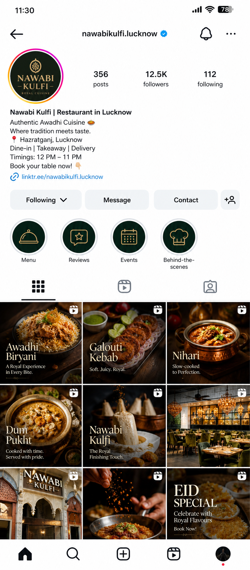 Optimized Instagram business profile with highlights, bio, and feed