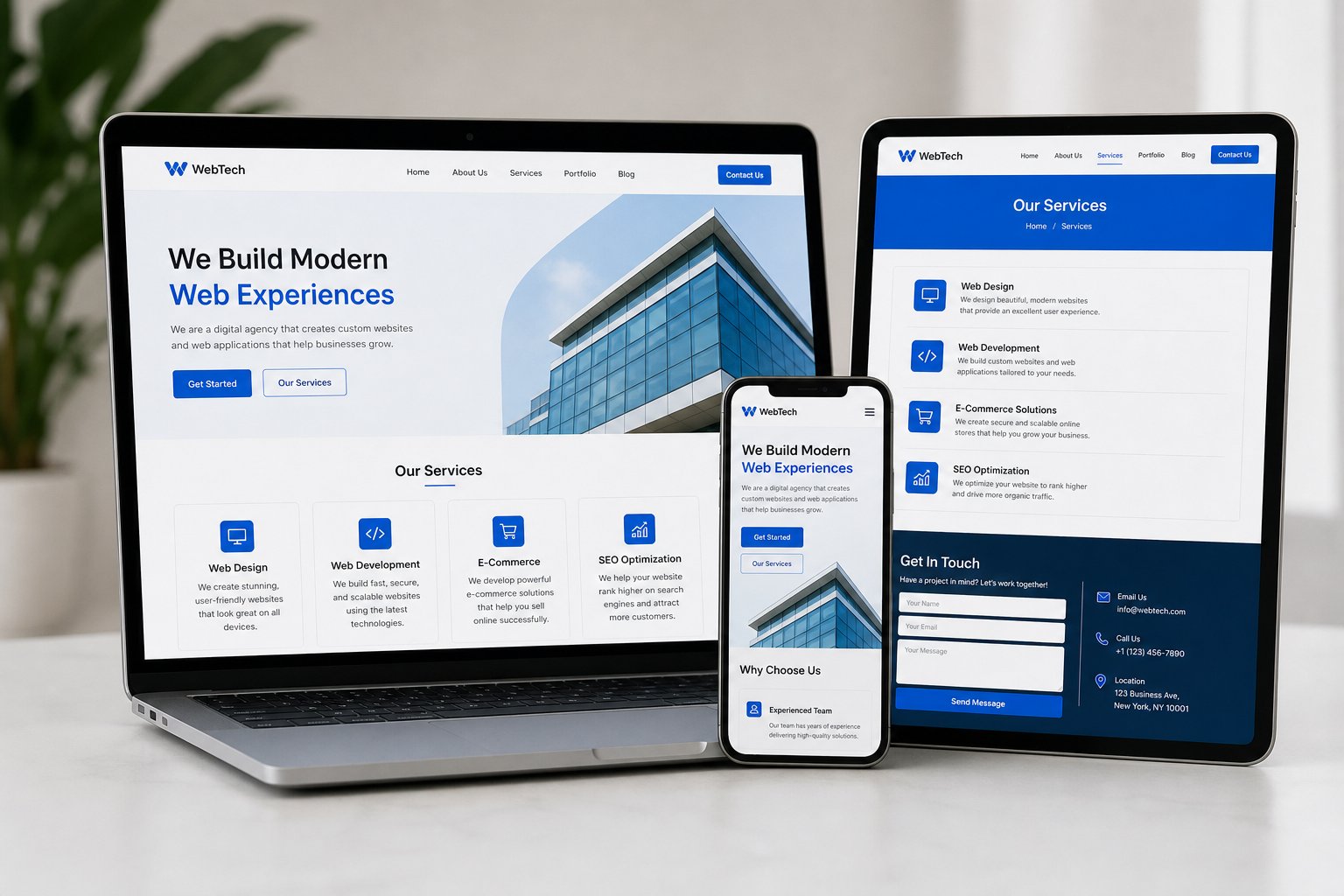 Professional website design displayed across laptop tablet and smartphone devices