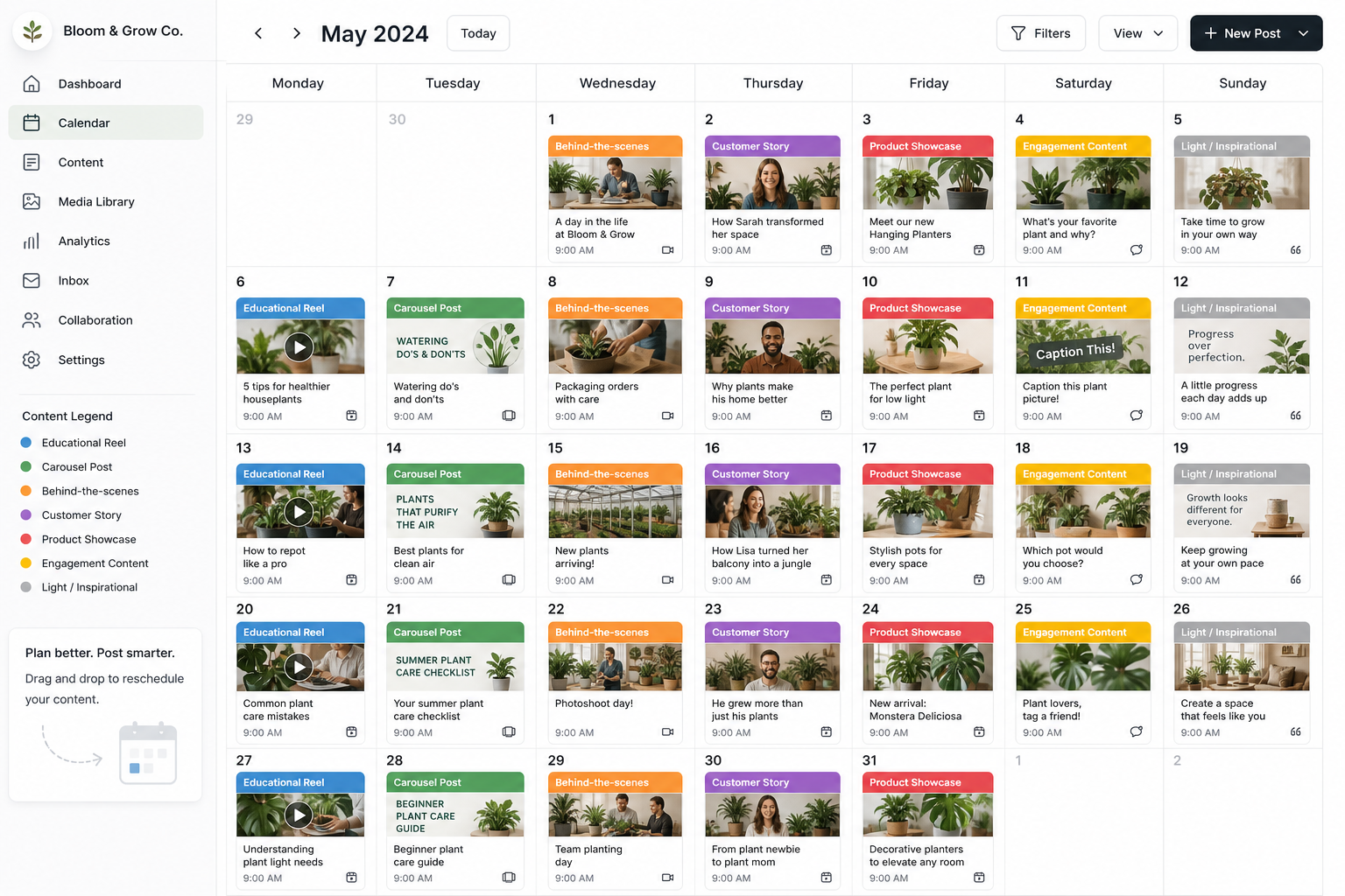 Social media content calendar with color-coded daily posting schedule
