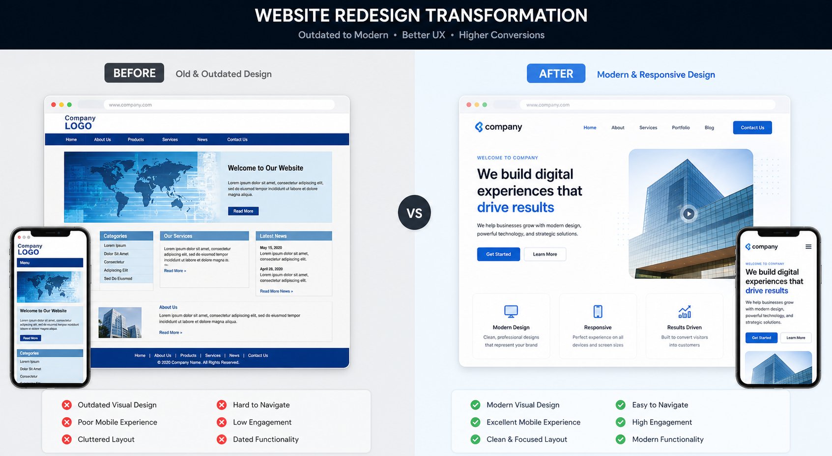 Before and after comparison of professional website redesign transformation