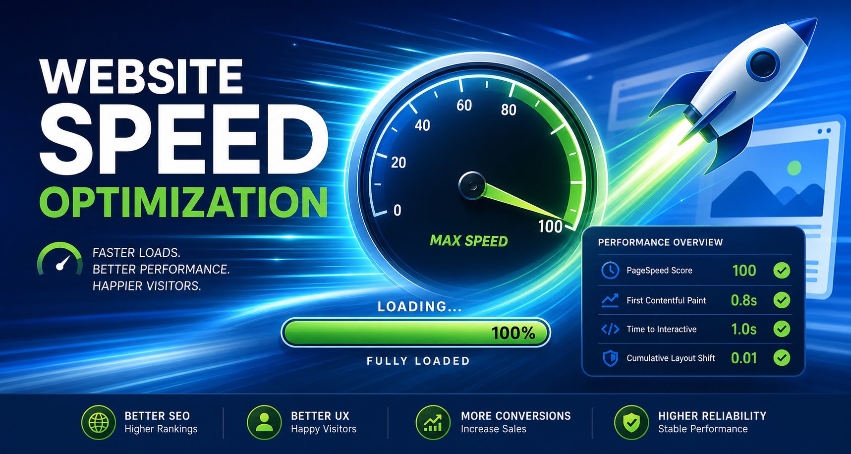 Website speed optimization results showing improved page load time and performance scores