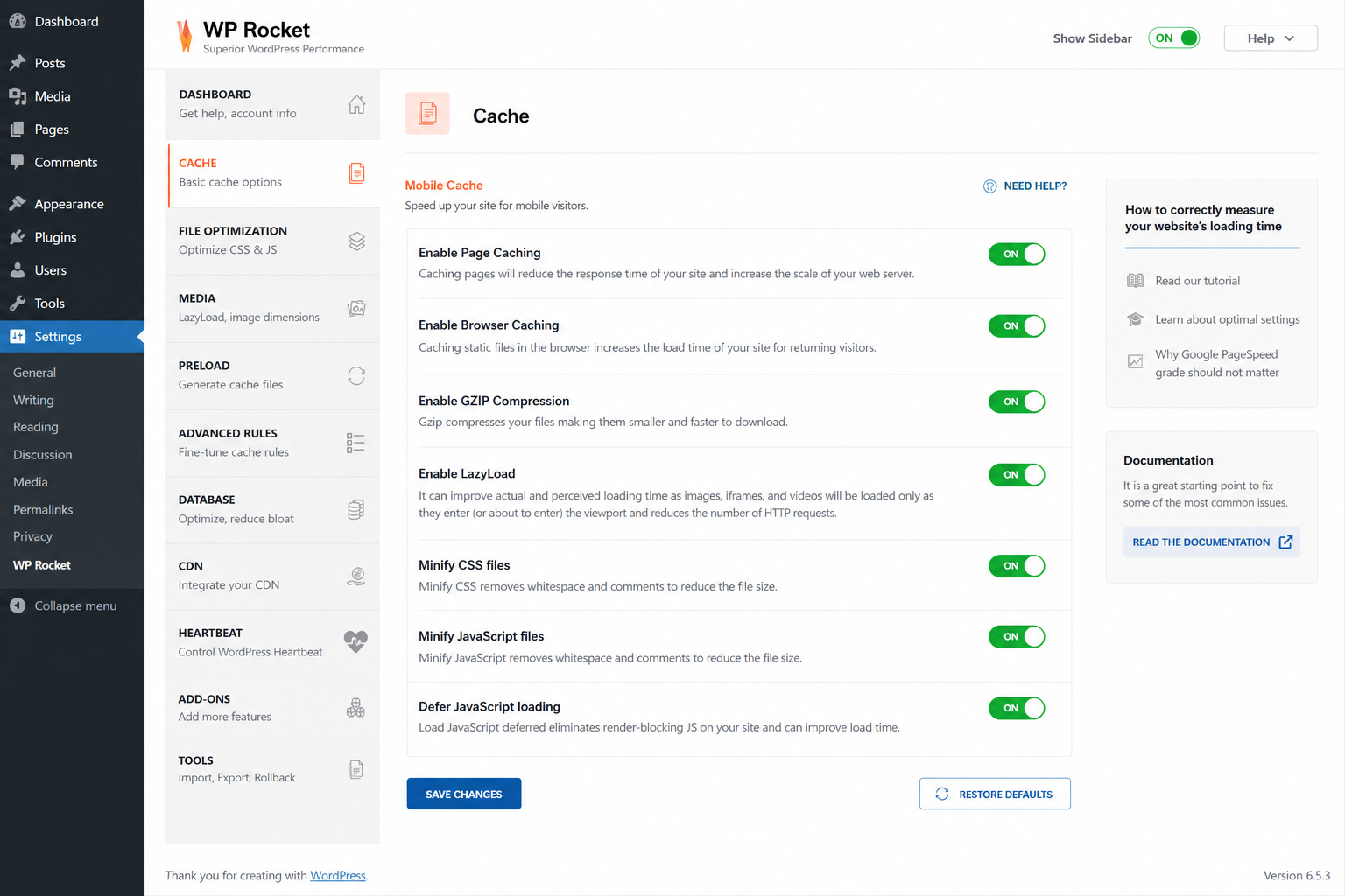 WordPress caching plugin configuration with all optimizations enabled